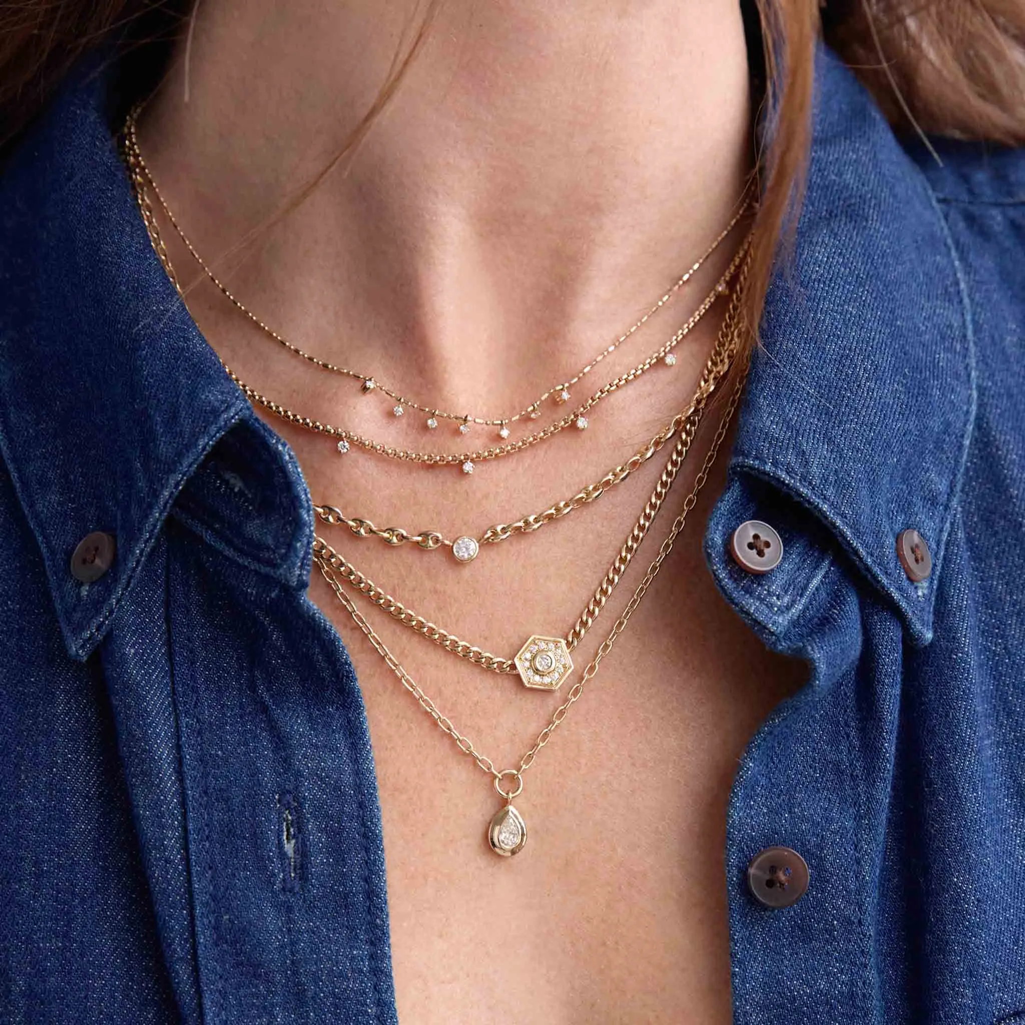 14k Floating Diamond Small Puffed Mariner Chain Necklace