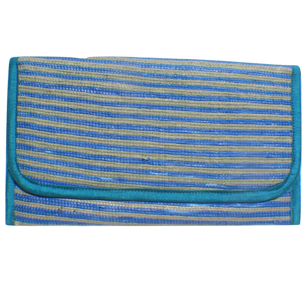 Clutch type purse recycled from waste plastic bags - blue white stripes