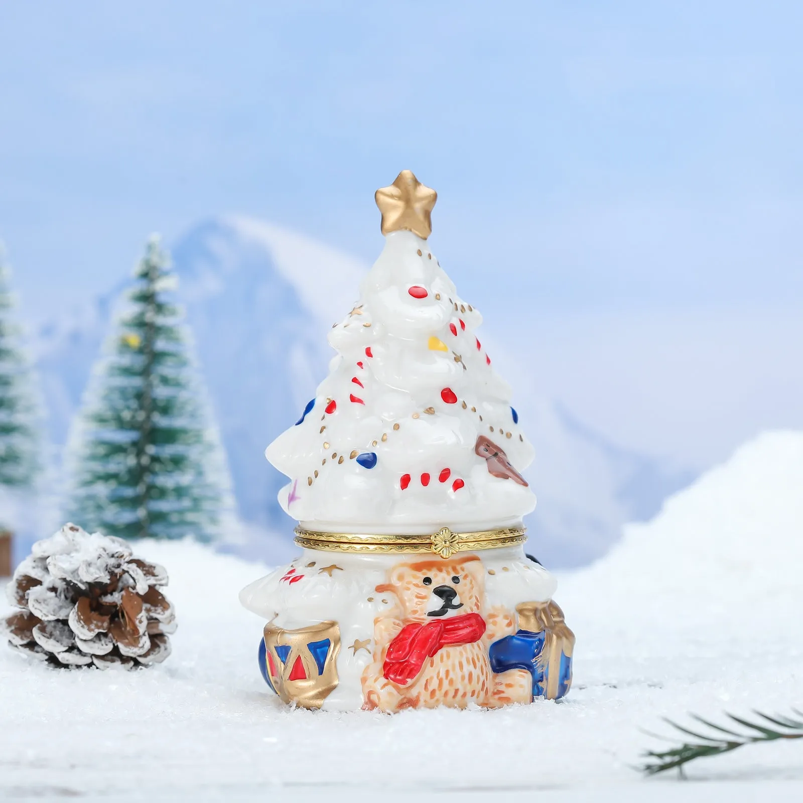 Fuzzy Bear Christmas Tree Jewelry Box