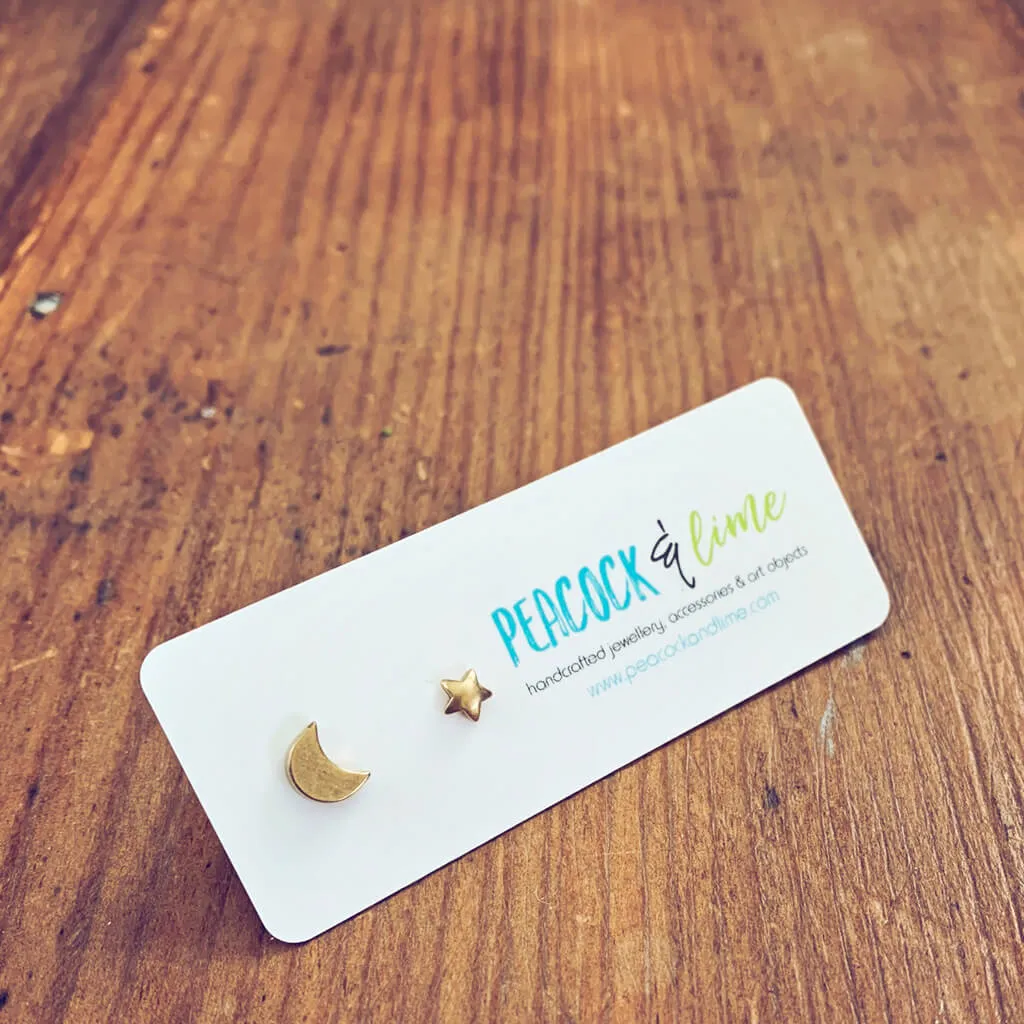 shoot for the moon // little mismatched star and moon boho brass stud post earrings