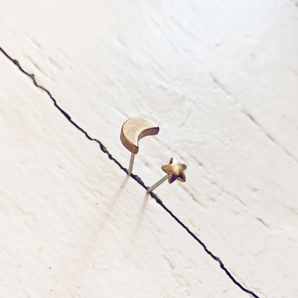 shoot for the moon // little mismatched star and moon boho brass stud post earrings